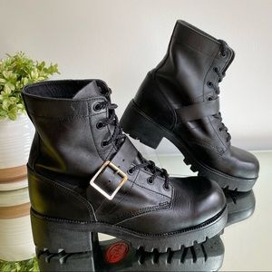 Double-H Y2K Vintage Black Leather Chunky Lace-up Combat Biker Boots Size 8